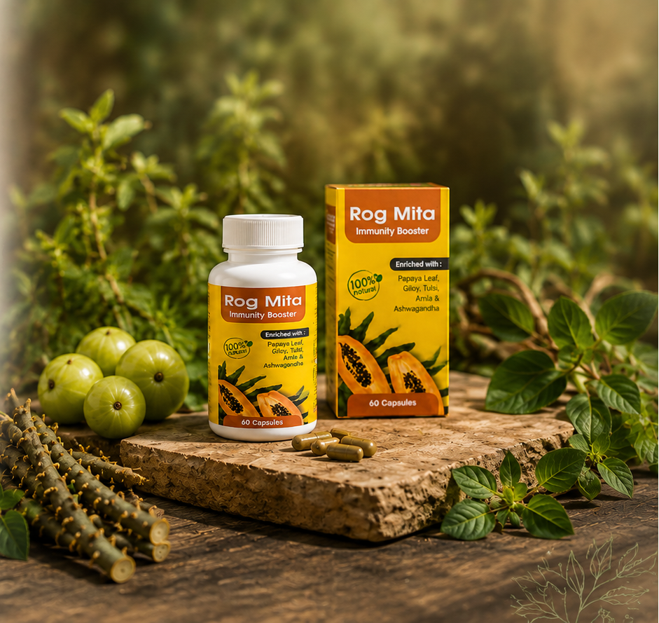 Rog Mita bottle and carton surrounded by Giloy, amla and Ayurvedic botanicals