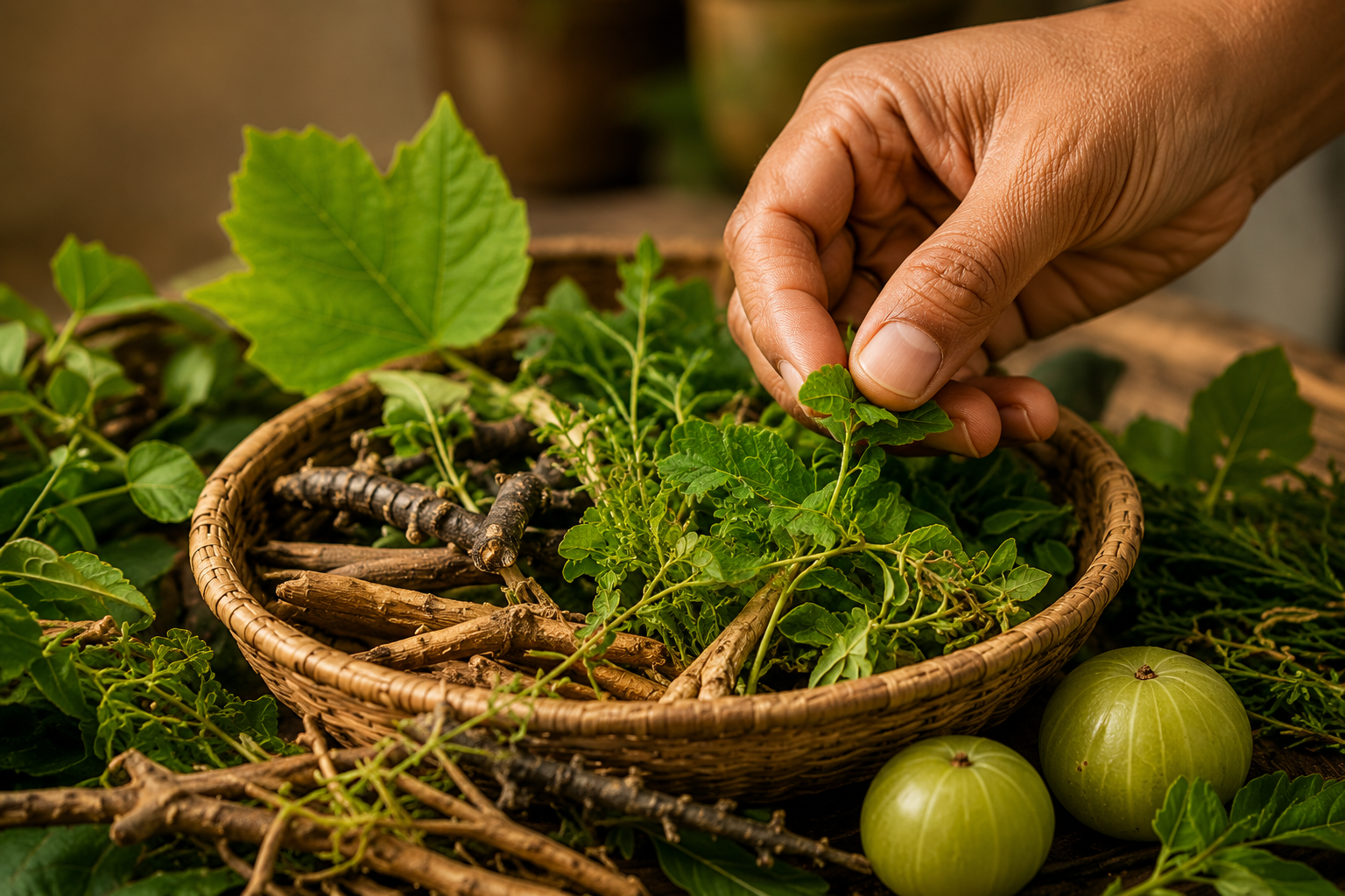 Fresh Ayurvedic botanicals being selected by hand
