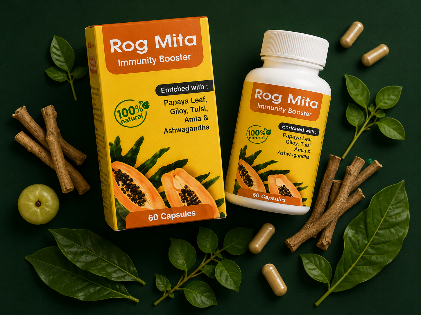 Rog Mita bottle and carton with leaves, roots and amla